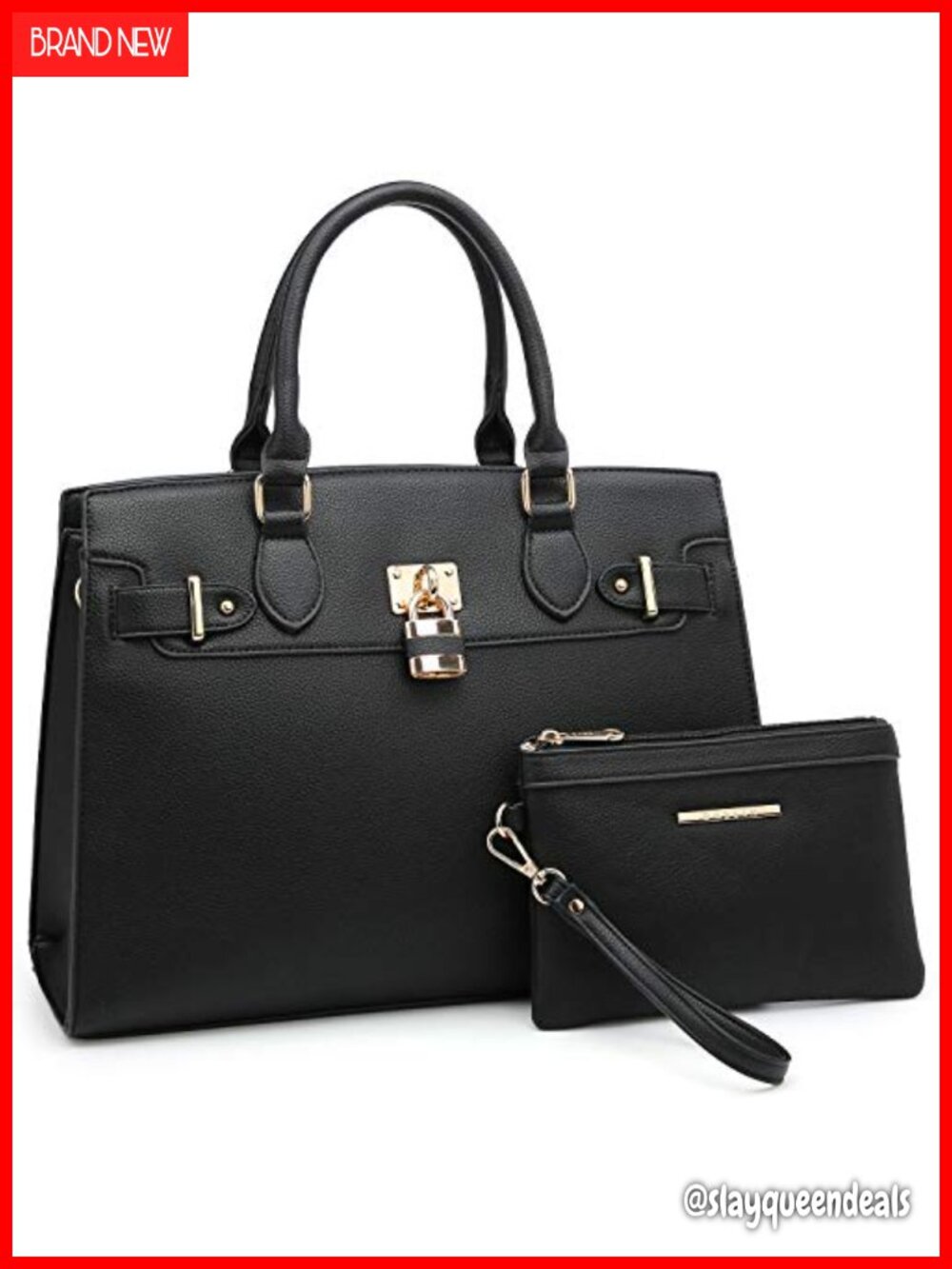 Vegan Leather Satchel Tote with Matching Clutch, Gold Hardware, Work Bag